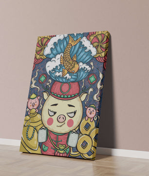 Colorful illustration featuring a whimsical pig and koi fish with decorative elements