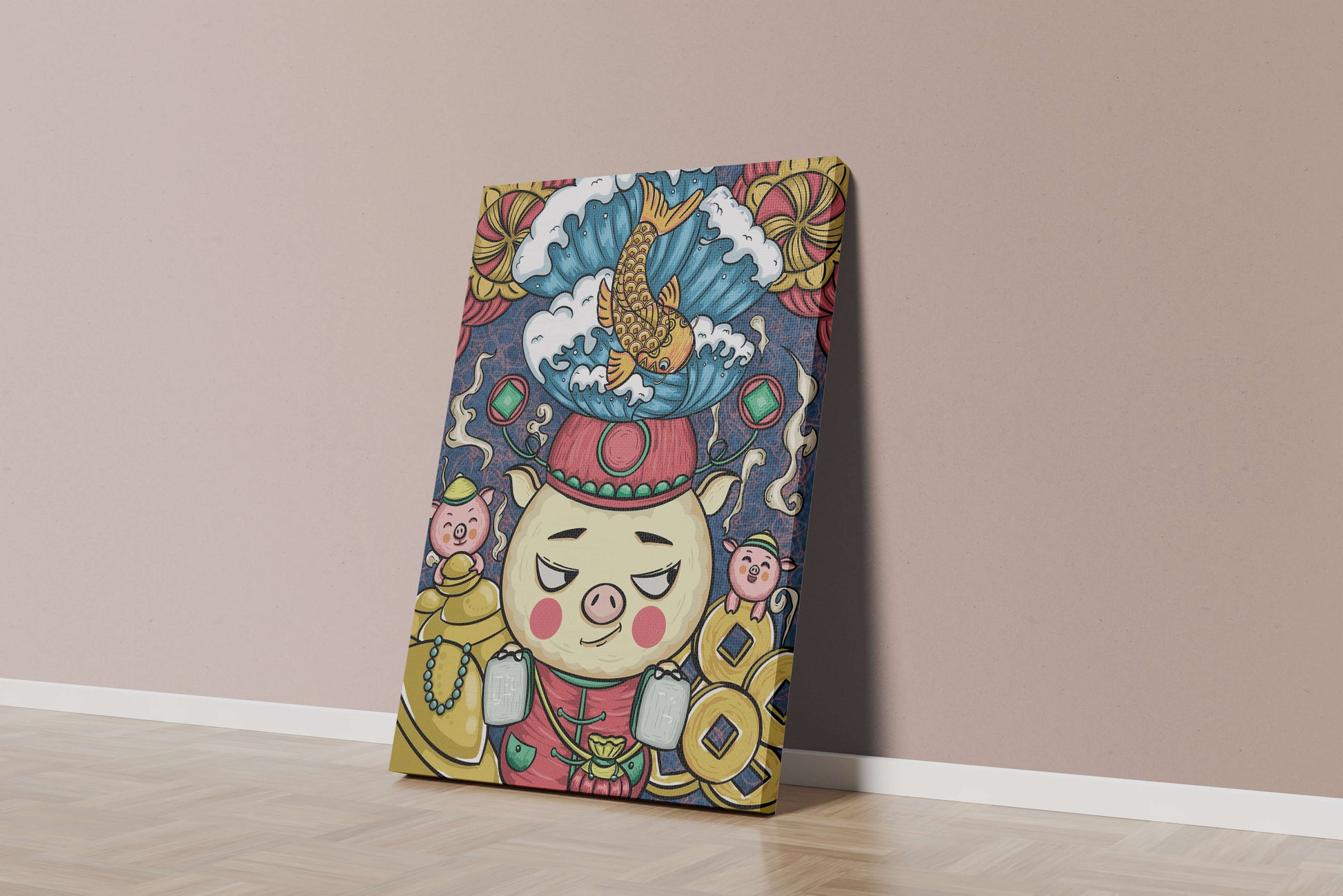 Colorful illustration featuring a whimsical pig and koi fish with decorative elements
