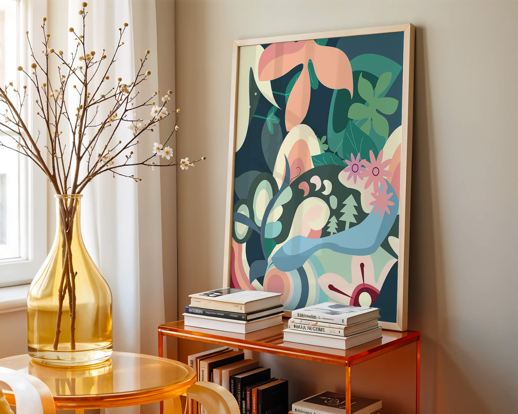 Abstract floral illustration with pastel colors and nature elements