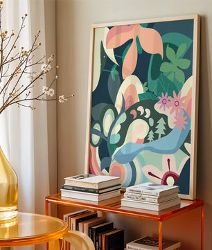 Abstract floral illustration with pastel colors and nature elements