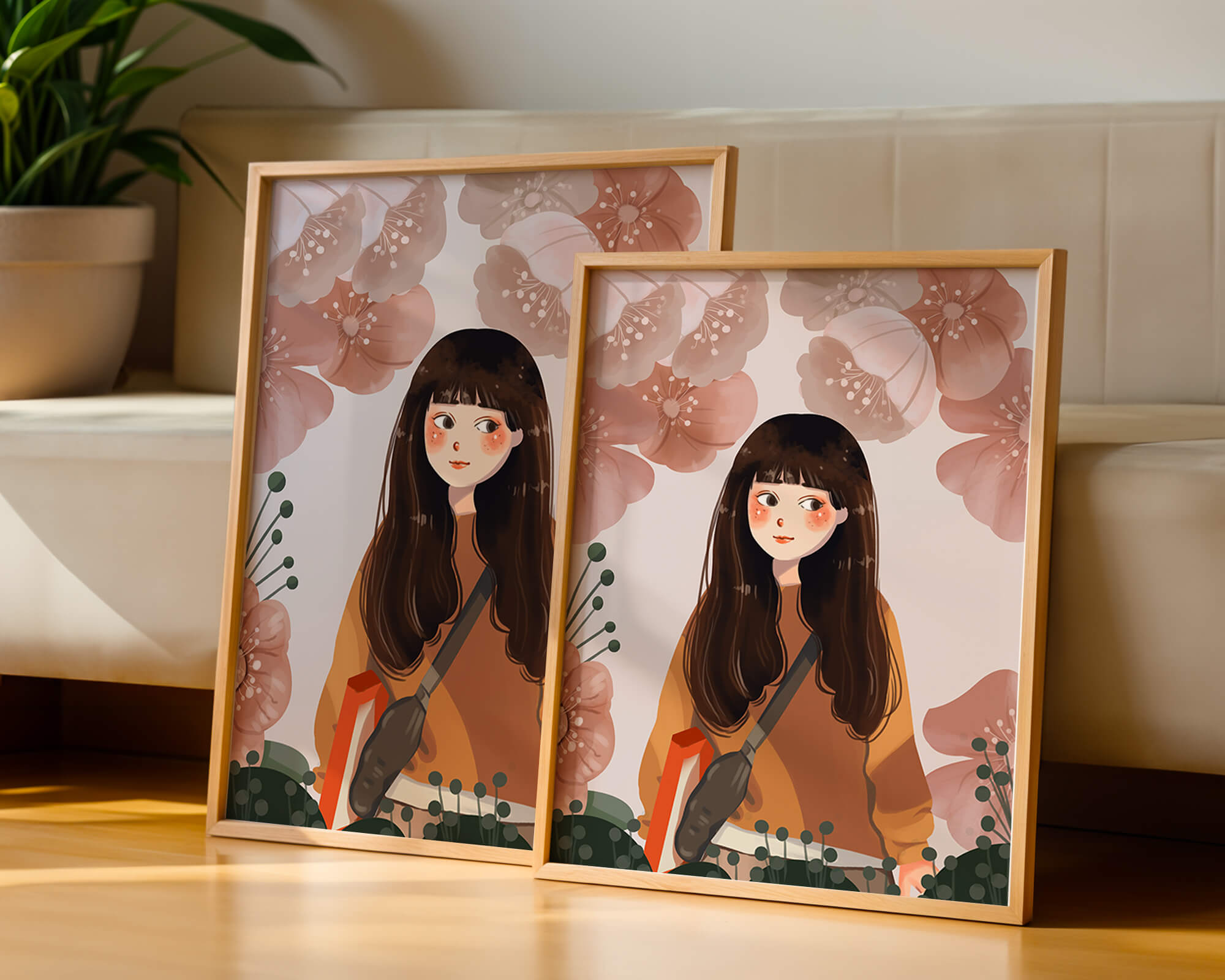 Illustration of girl with flowers in soft pastel hues