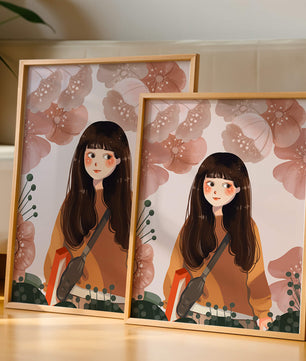 Ilustración de una niña con flores en tonos pasteles suaves
