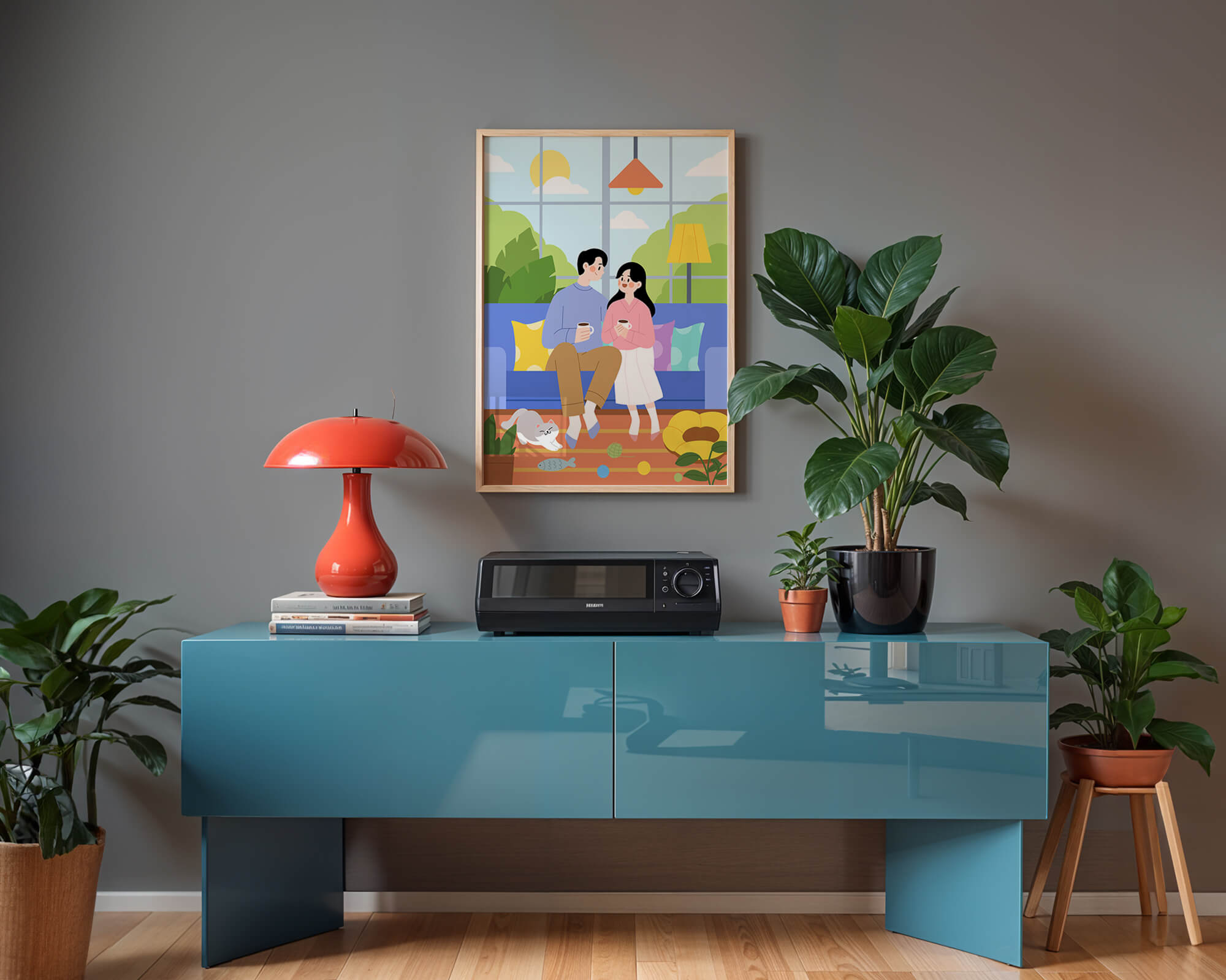 Cozy living room scene with couple and playful cat