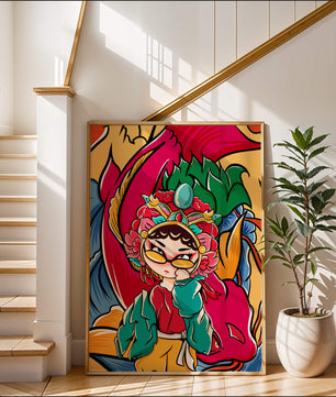 Vibrant illustration featuring a character in traditional costume with dragon elements