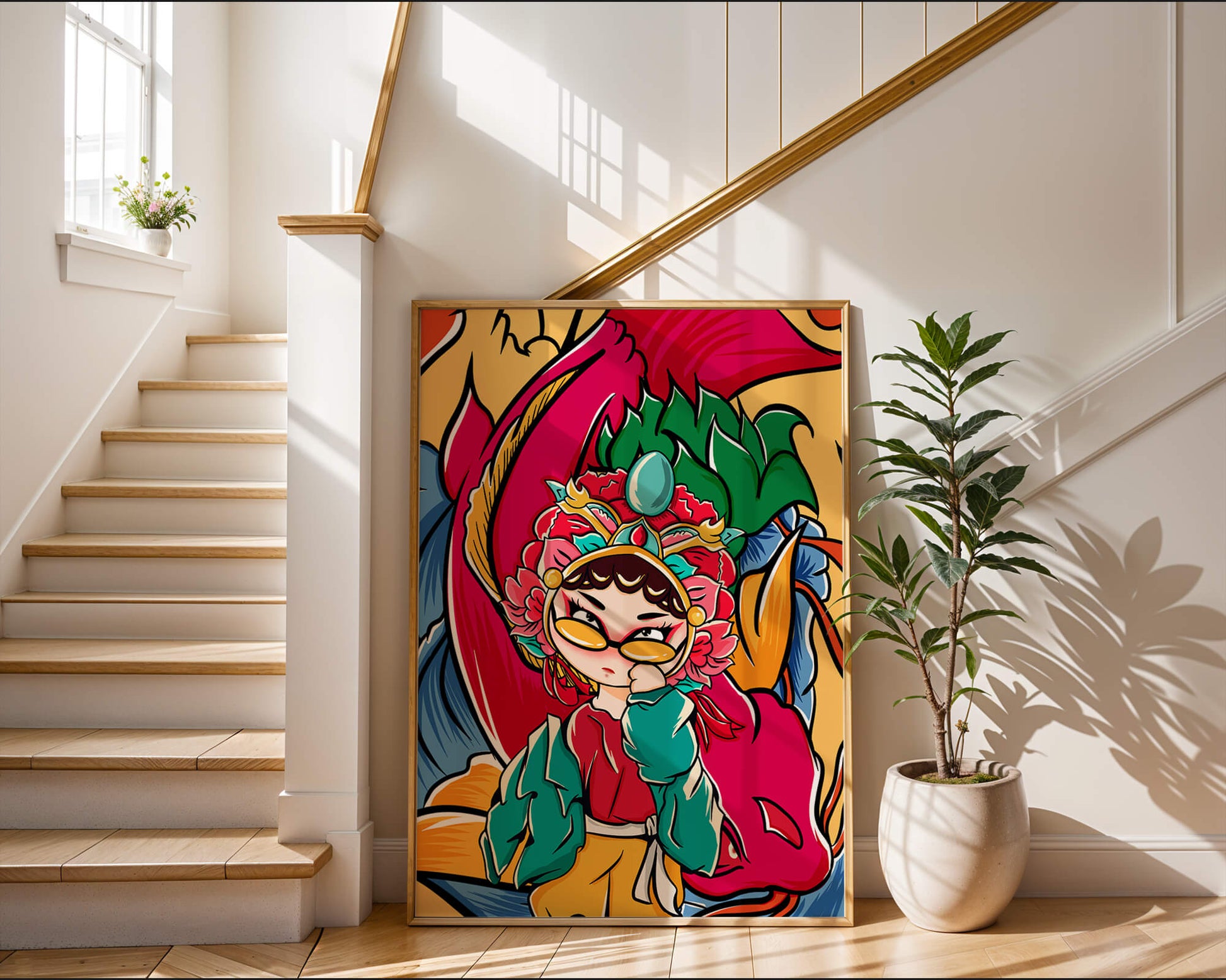Vibrant illustration featuring a character in traditional costume with dragon elements