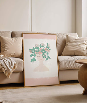 Illustration of a Minimalist Face with Floral Headpiece and Pink Background