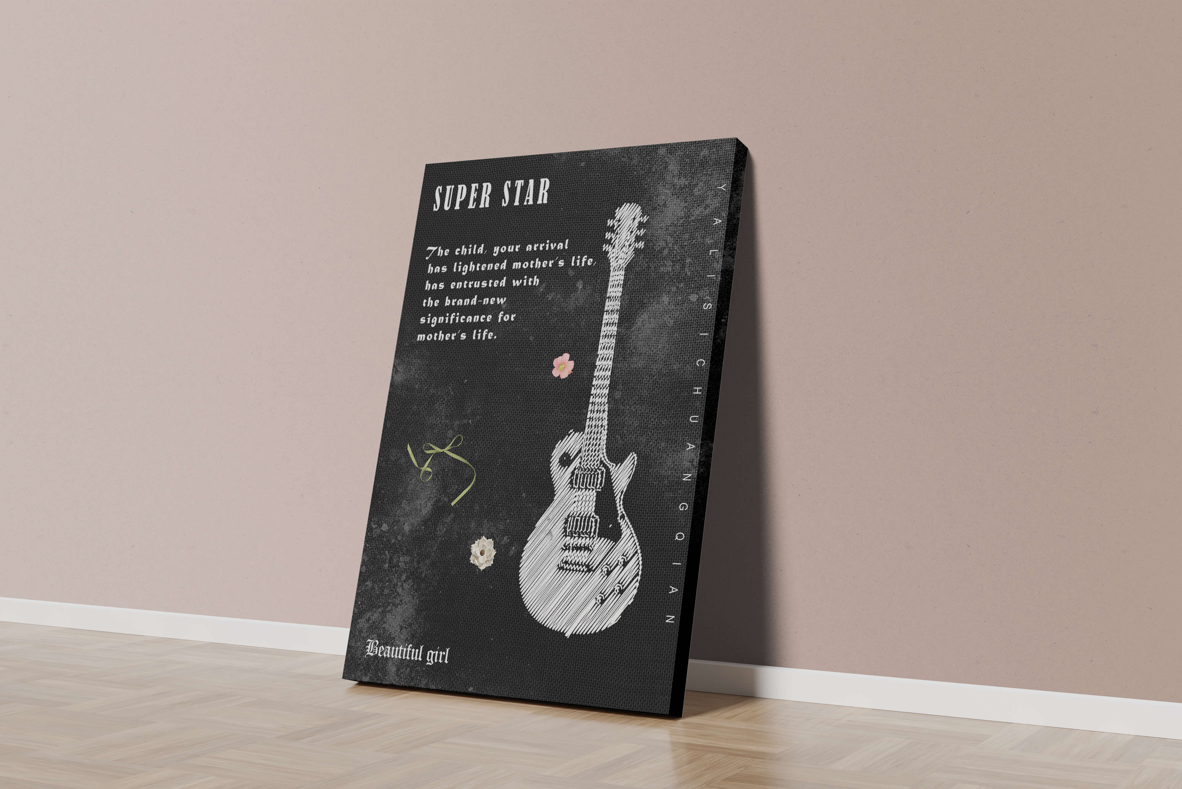 Artistic black and white guitar illustration with heartfelt text