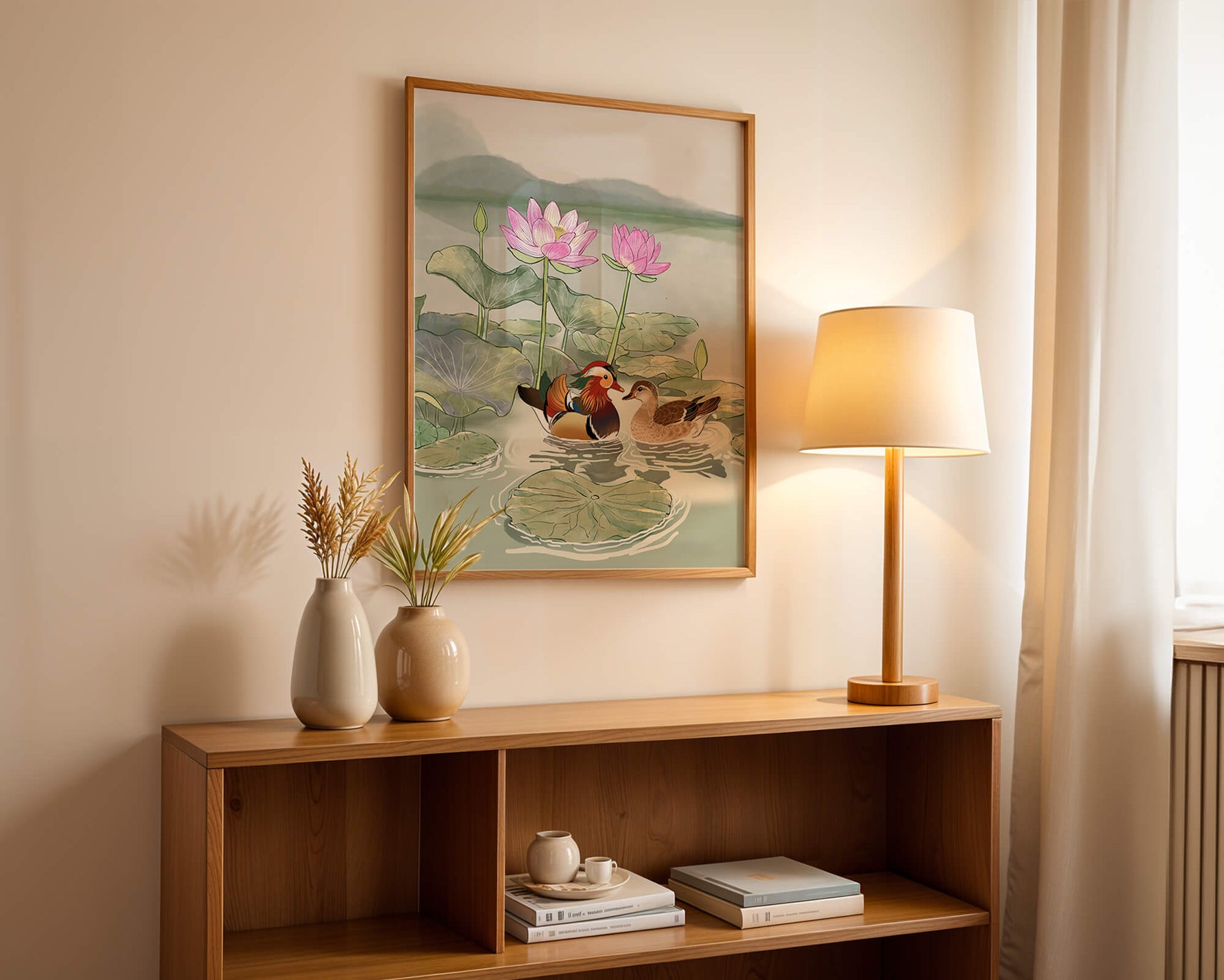 Patos mandarines y flores de loto en un estanque tranquilo