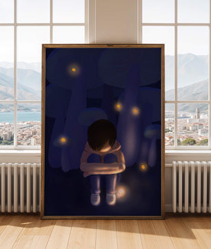 Paysage nocturne serein avec un personnage réfléchi au milieu de vers luisants et de champignons