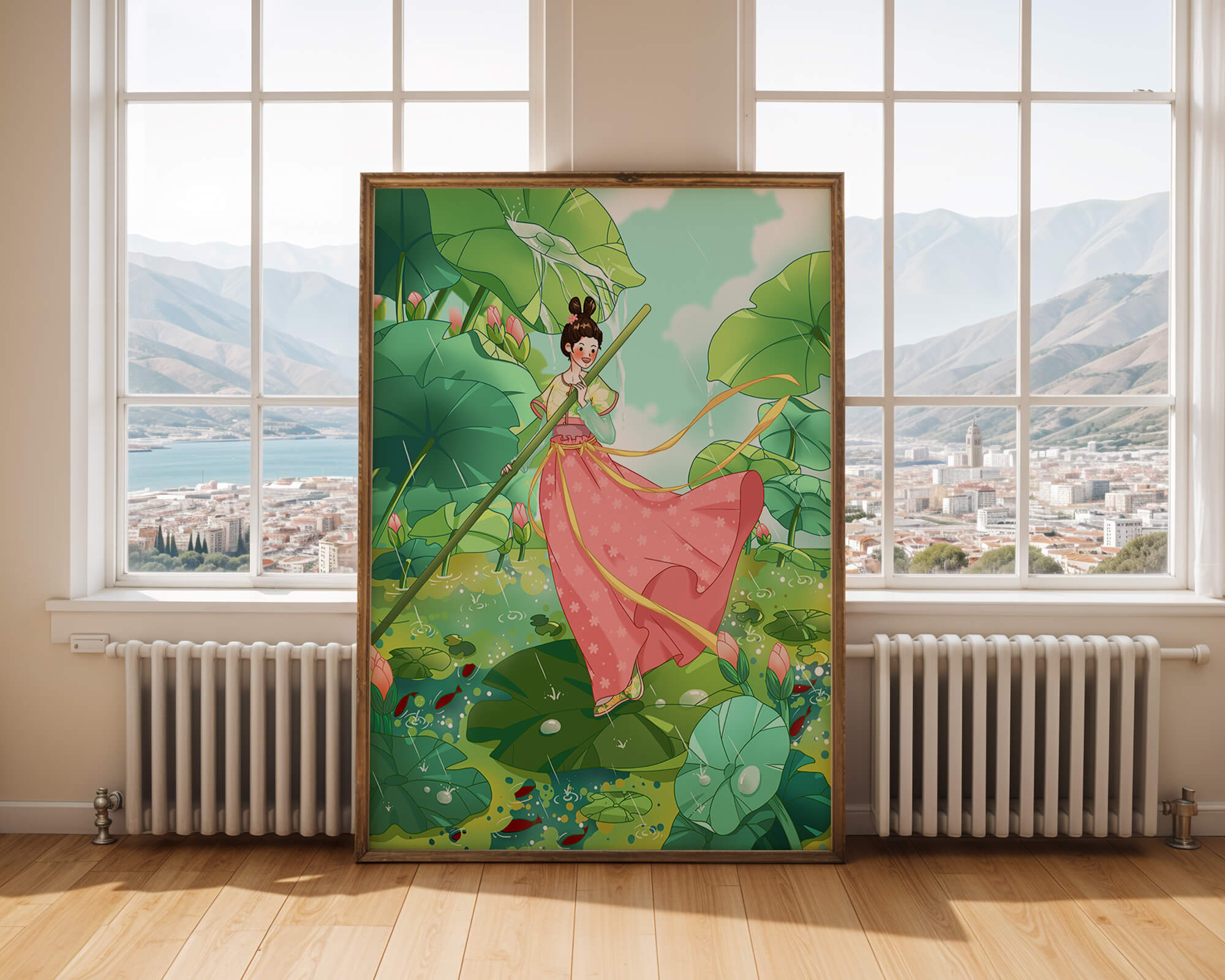 A whimsical scene of a girl in traditional dress among vibrant lotus leaves