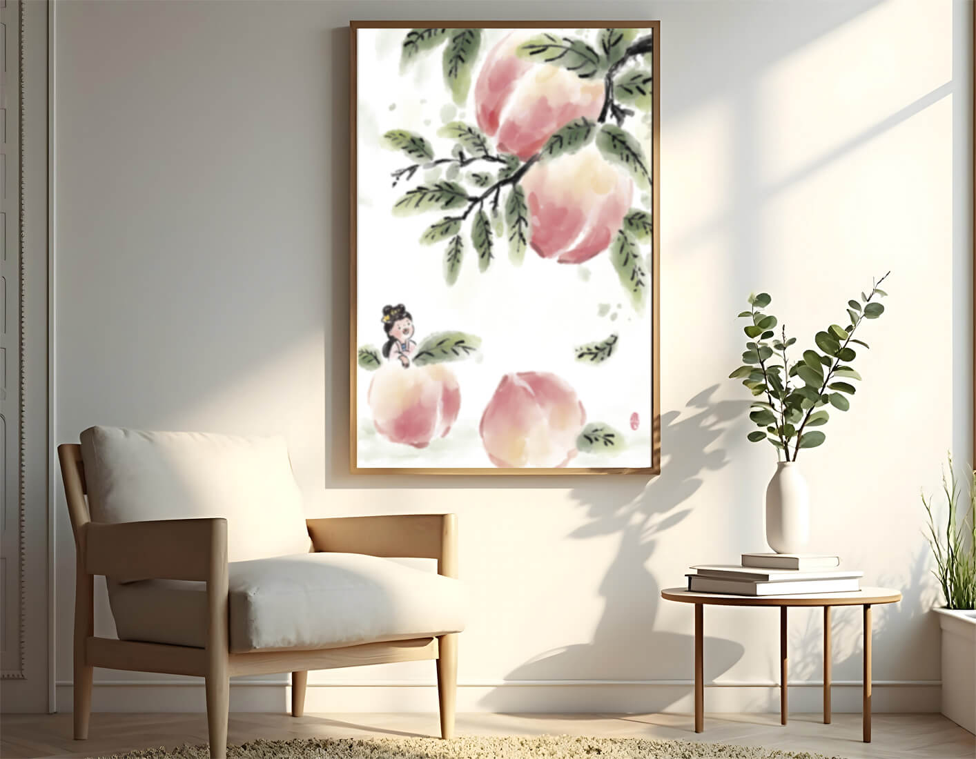 Encantadora ilustración de una chica entre flores de melocotón y hojas verdes