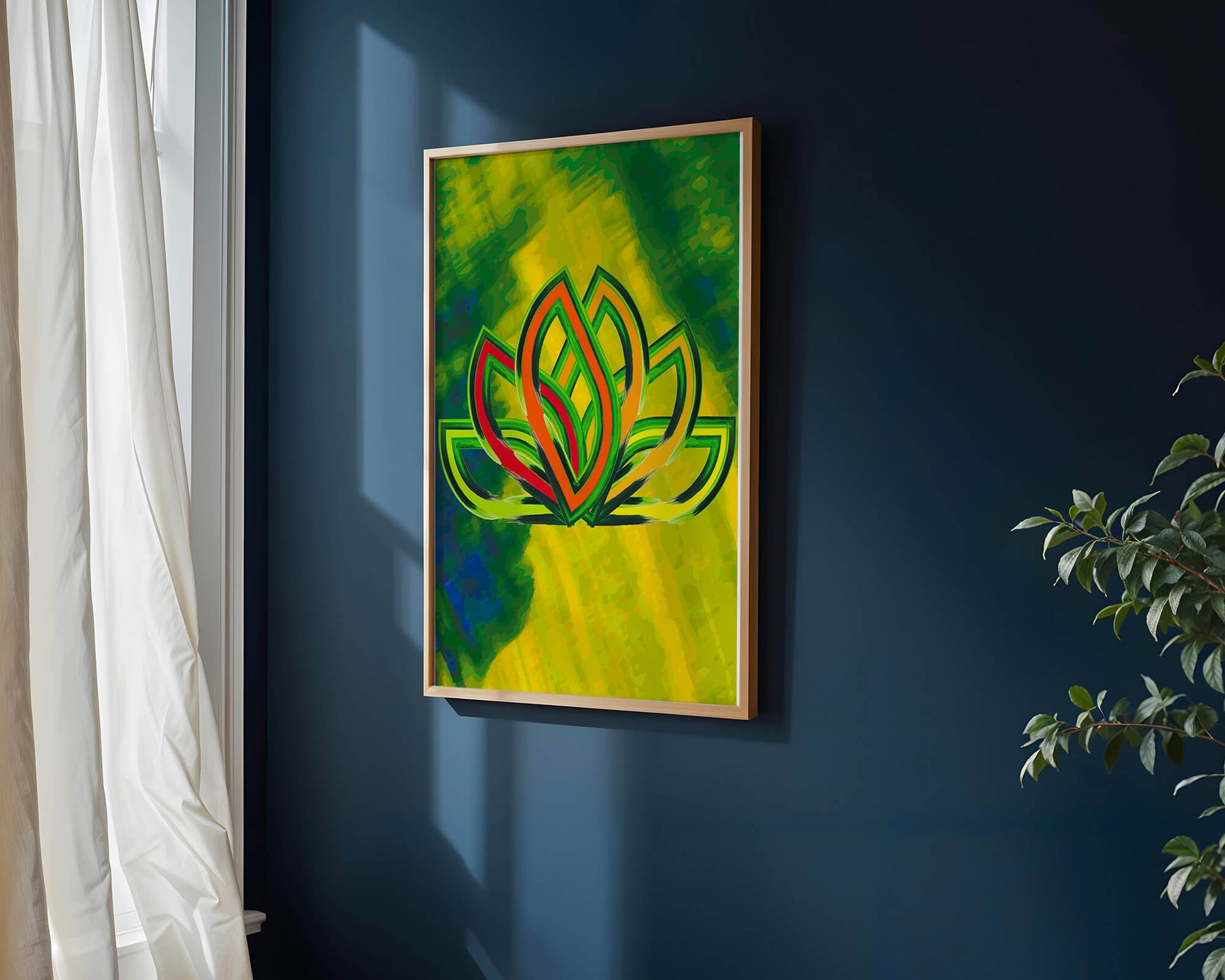 Diseño abstracto de loto con colores vivos y formas orgánicas