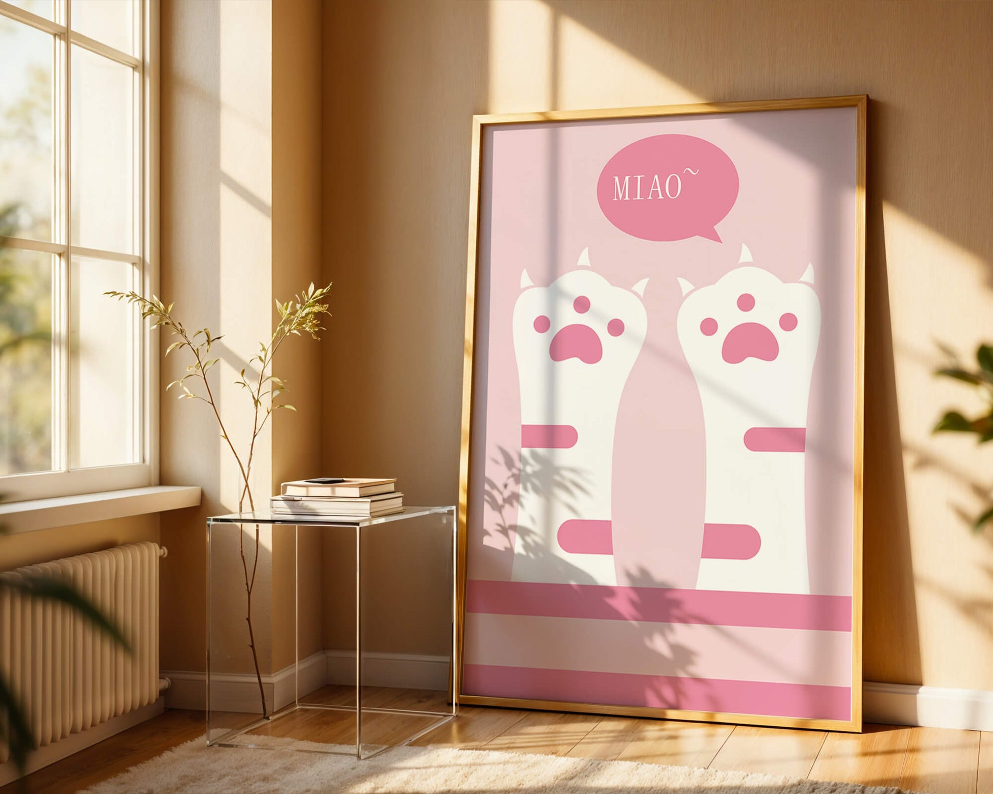 Playful cat paws illustration with speech bubble saying "Miao"