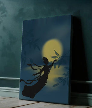 Silhouette of a Woman Reaching for Leaves in Front of a Full Moon