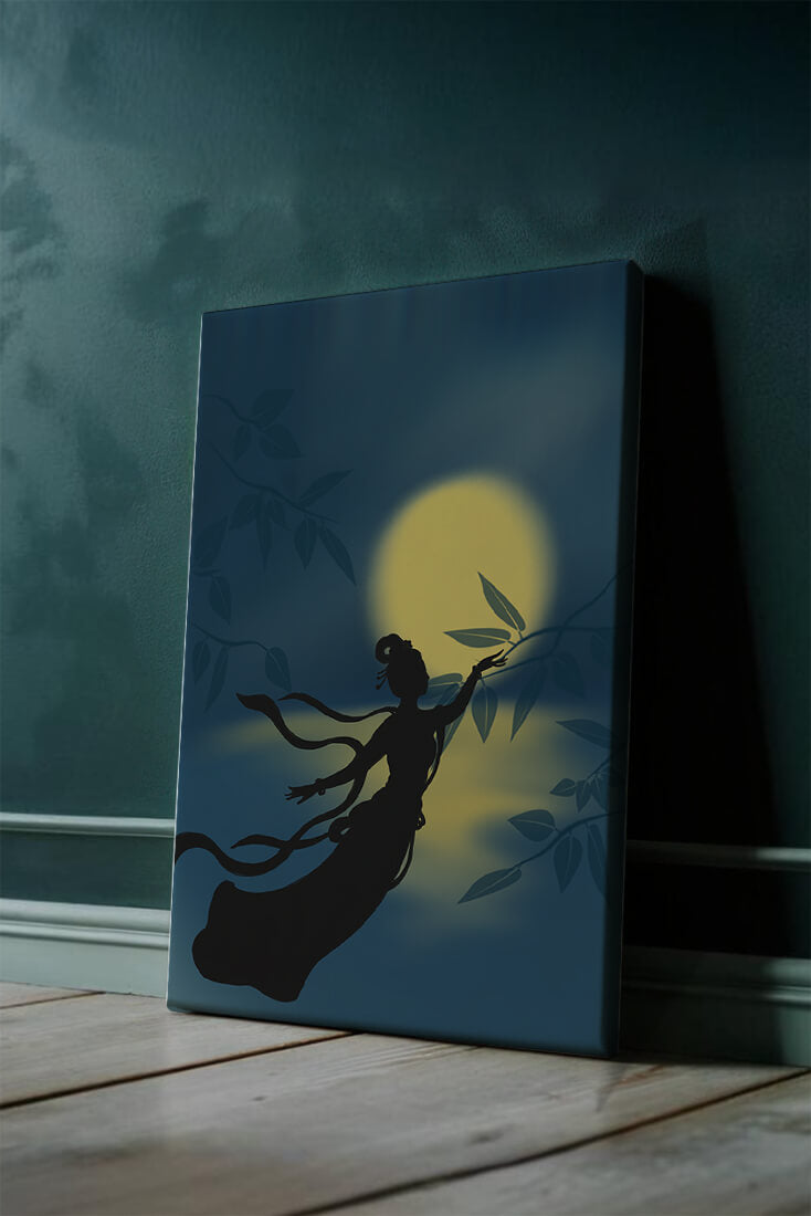 Silhouette of a Woman Reaching for Leaves in Front of a Full Moon