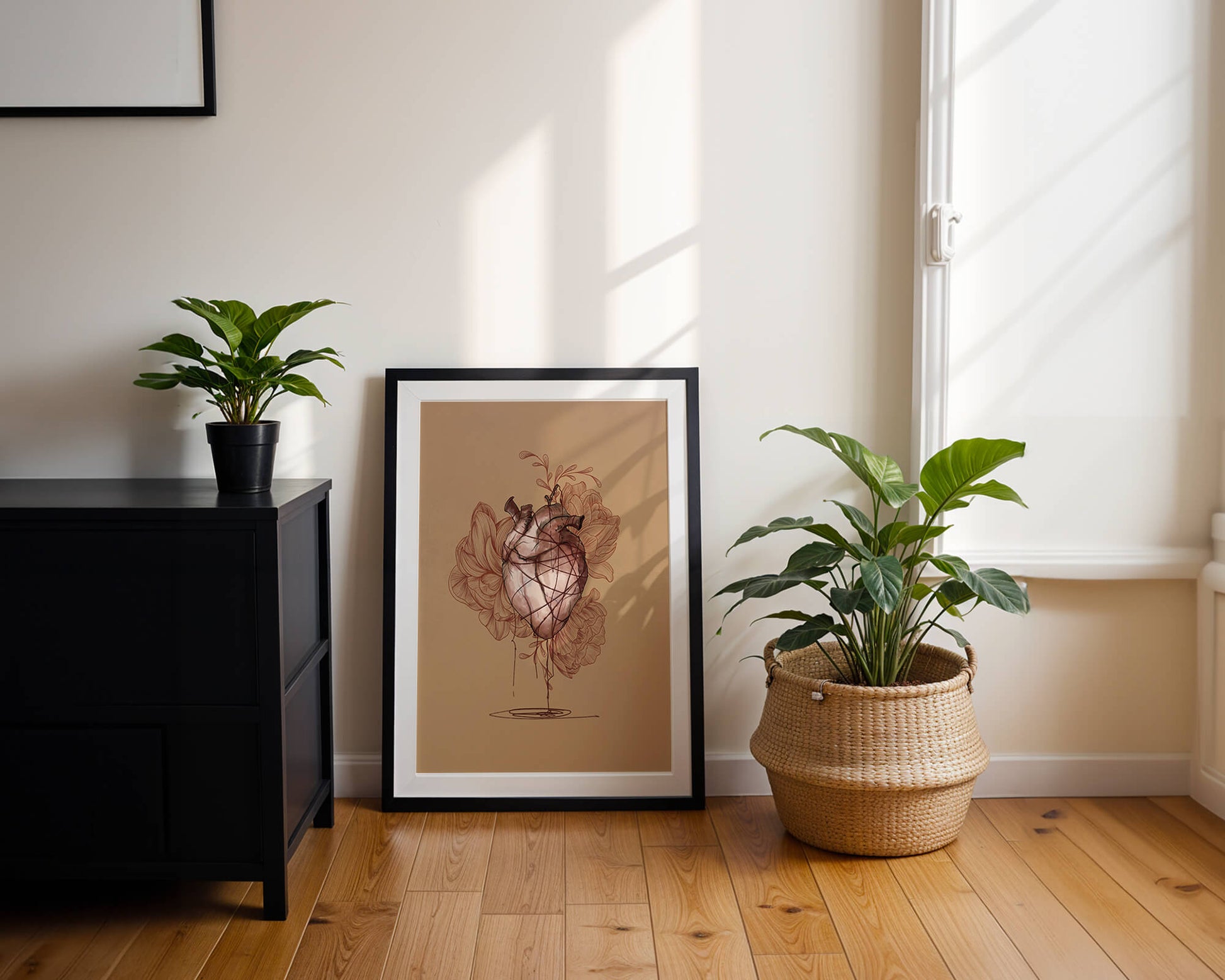 Ilustración detallada de un corazón anatómico con elementos florales sobre un fondo beige.