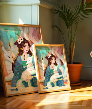Œuvre de fantasy élégante mettant en scène une figure mystique accompagnée de renards et de couleurs vibrantes