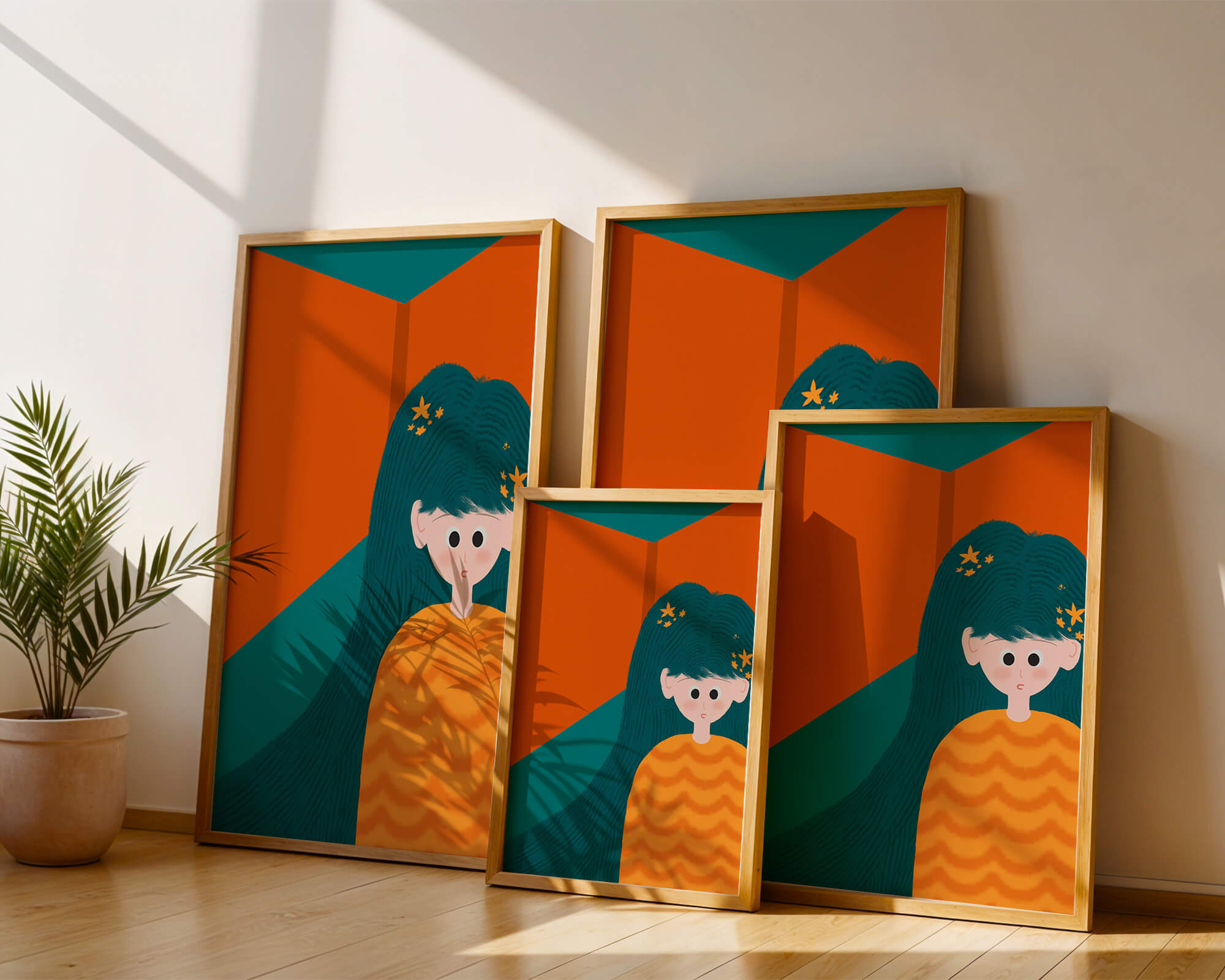 Colorful abstract illustration of a character with teal hair and orange background