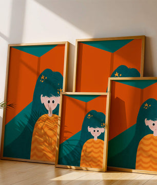Colorful abstract illustration of a character with teal hair and orange background