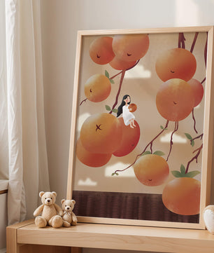 Whimsical illustration of girl with giant oranges and branches