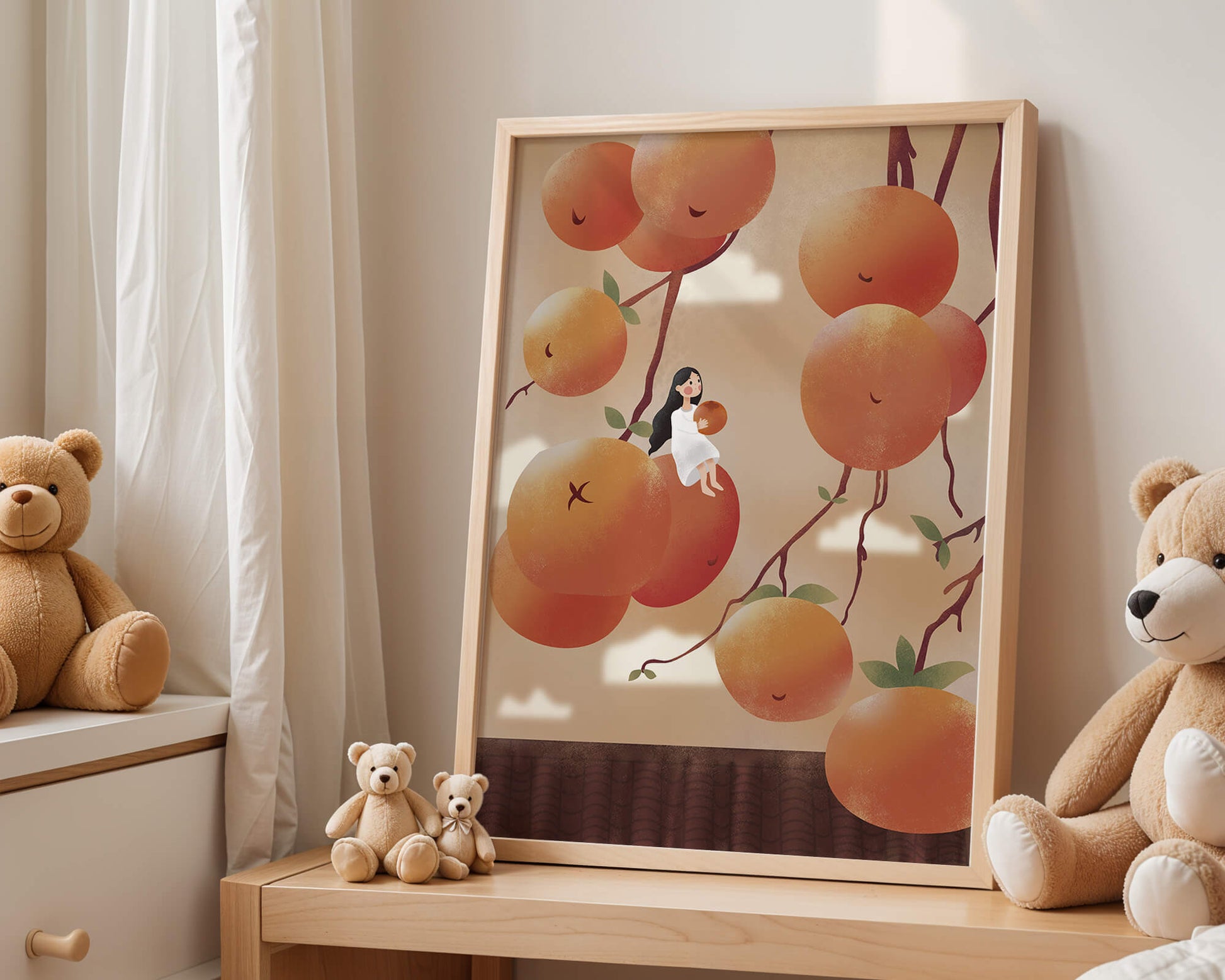 Whimsical illustration of girl with giant oranges and branches