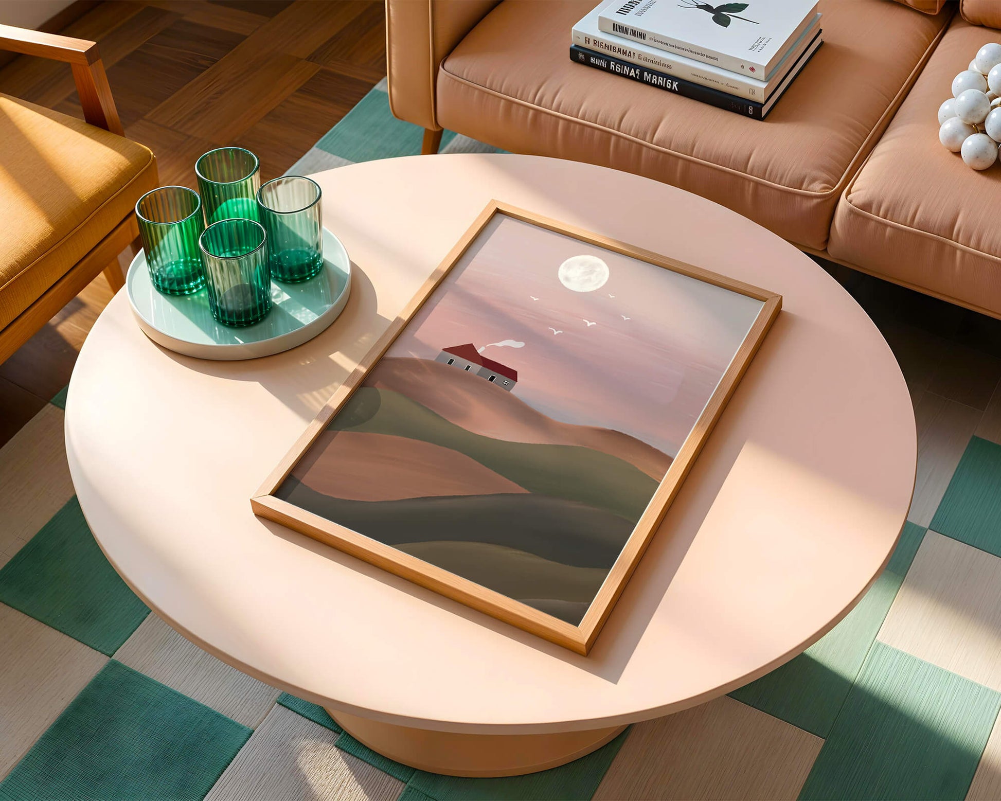 Casa en una colina rosa bajo la luna llena