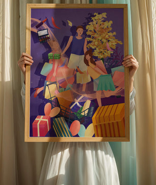 Illustration d'une expérience de shopping joyeuse en famille avec des cadeaux et des couleurs vives