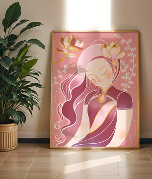Elegant floral-themed female portrait with golden accents