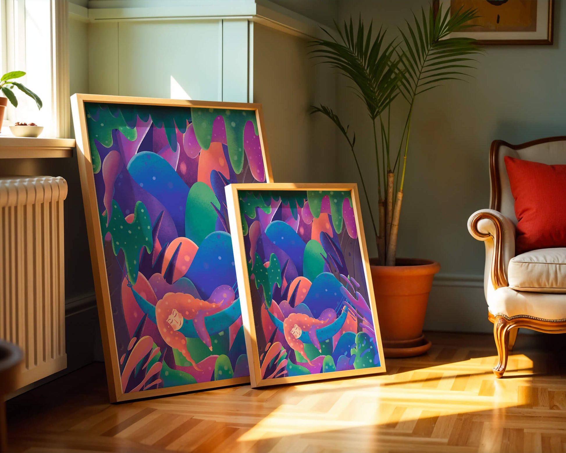 Selva surrealista onírica con mujer dormida