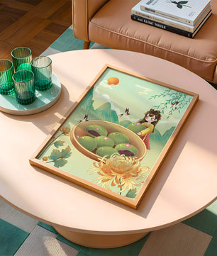 Charming Scene with Traditional Dress and Scenic Landscape Featuring Floral Elements and Birds