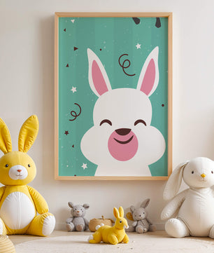 Adorable cartoon bunny on teal background with playful elements