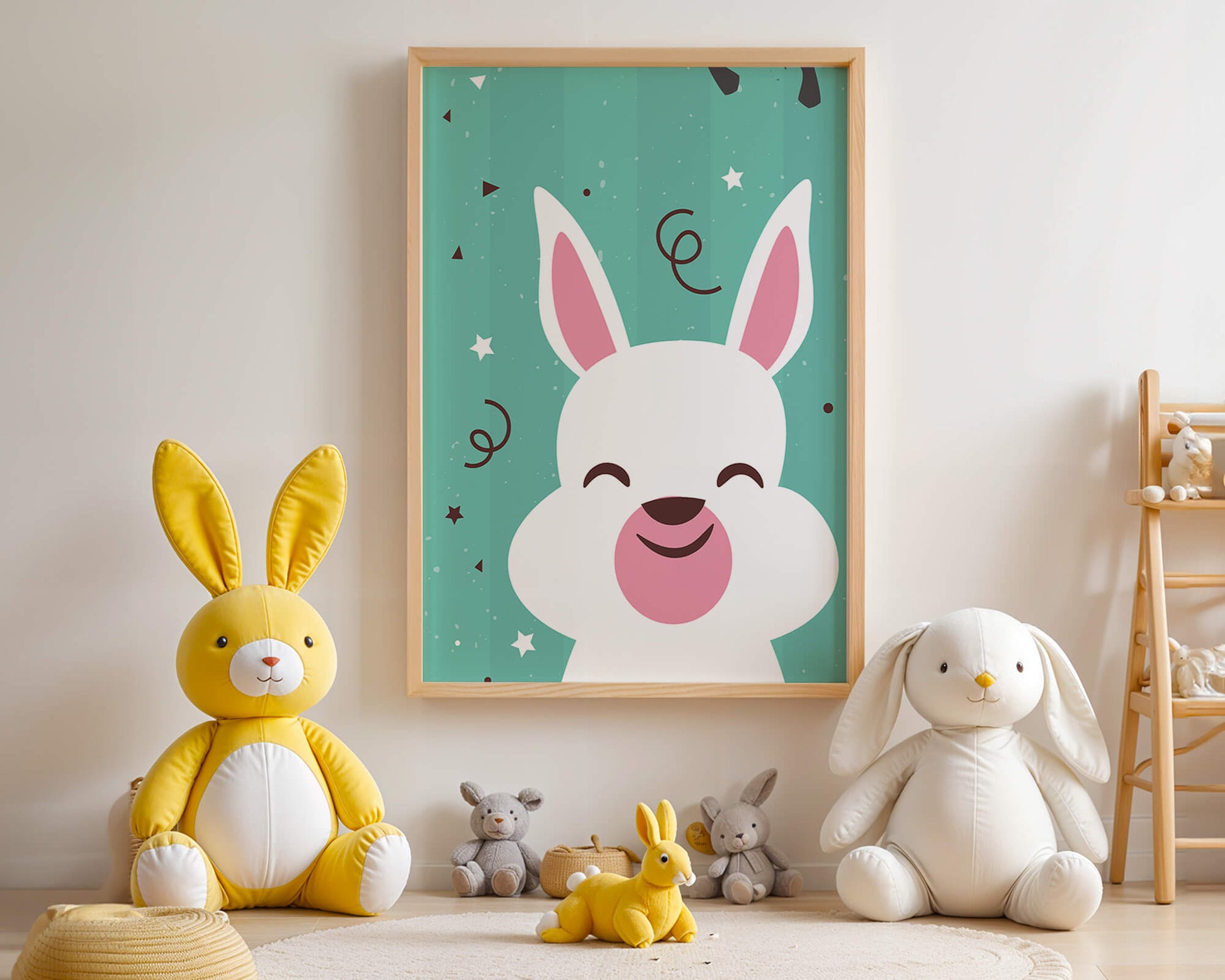Adorable cartoon bunny on teal background with playful elements
