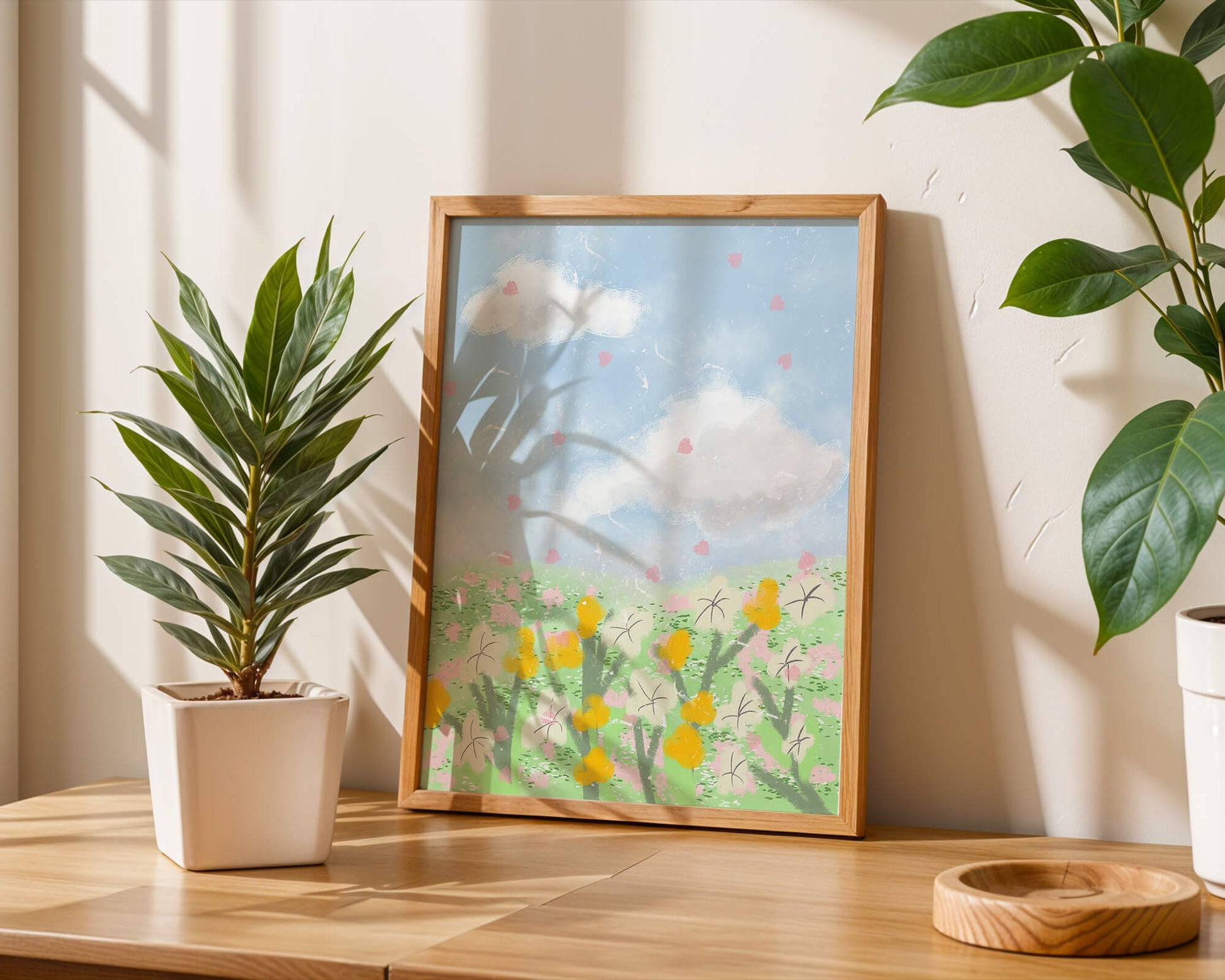 Paysage printanier avec nuages et fleurs