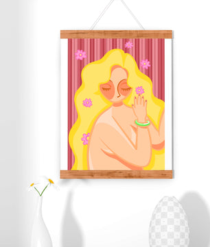 Ilustración abstracta de una mujer serena con el pelo largo y rubio y flores