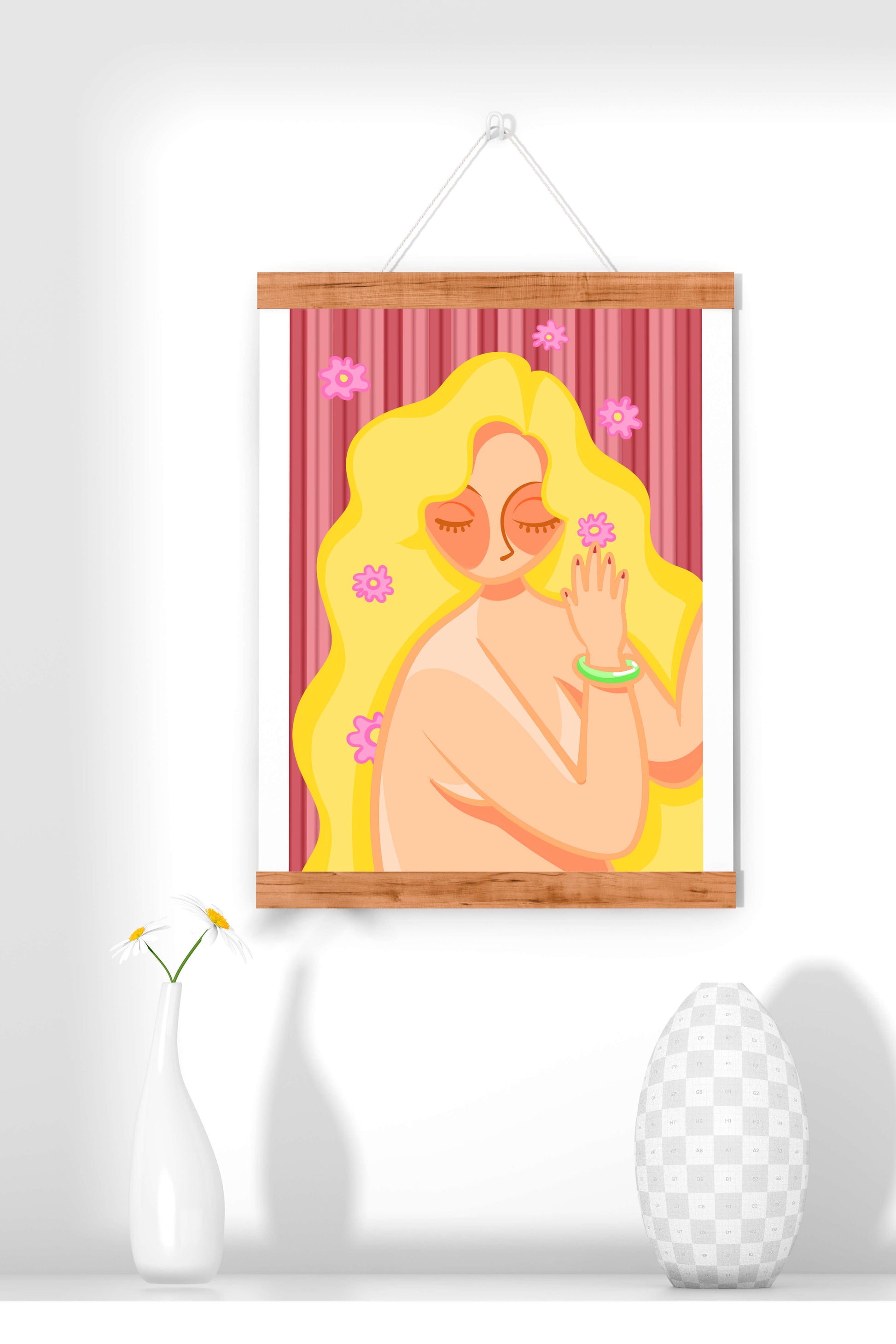 Ilustración abstracta de una mujer serena con el pelo largo y rubio y flores