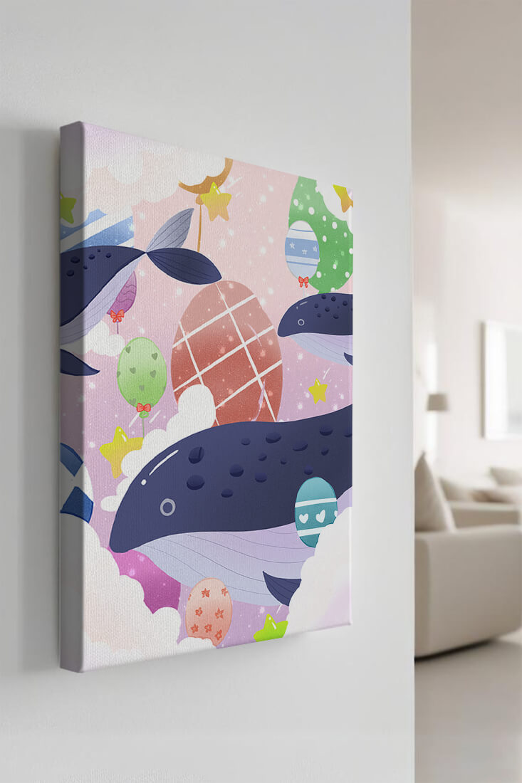 Whimsical illustration of whales and floating stars with colorful eggs