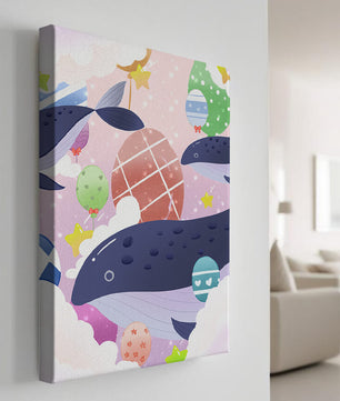 Whimsical illustration of whales and floating stars with colorful eggs