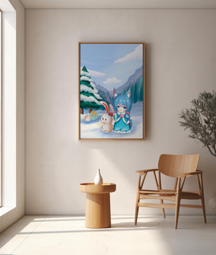 Winter scene with cute chibi character and bunny in snowy landscape