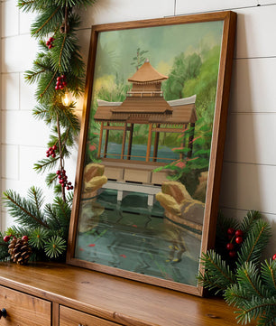 Traditional Japanese Garden Pavilion with Scenic Pond and Lush Greenery
