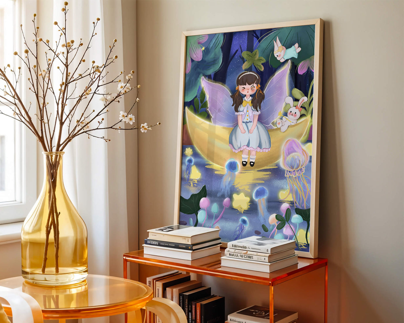 Enchanting fairy scene with glowing jellyfish and moon backdrop
