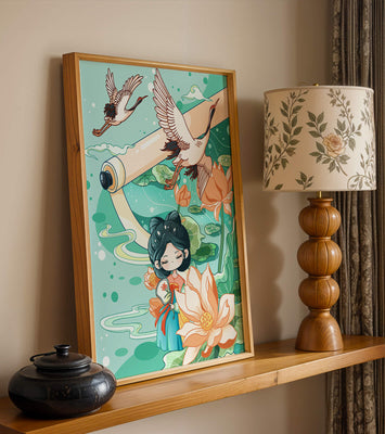 Serene Asian Art Illustration with Cranes and Lotus Flowers