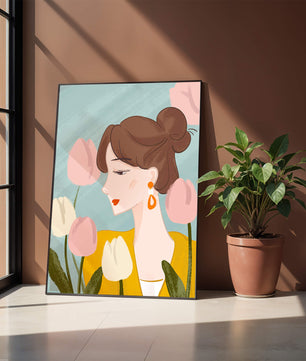 Illustration d'une femme avec des tulipes et des boucles d'oreilles élégantes