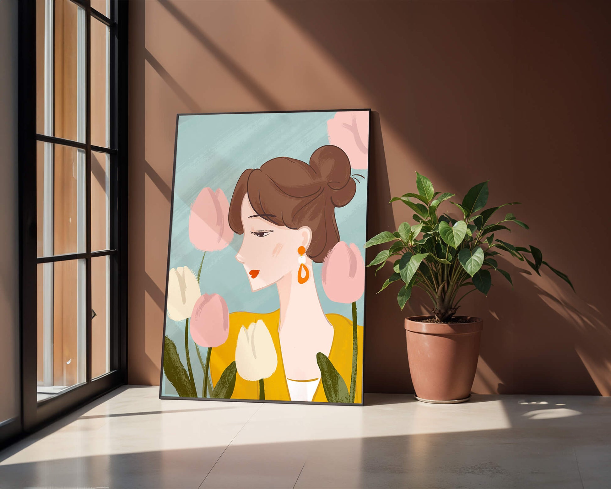 Illustration of a woman with tulips and elegant earrings
