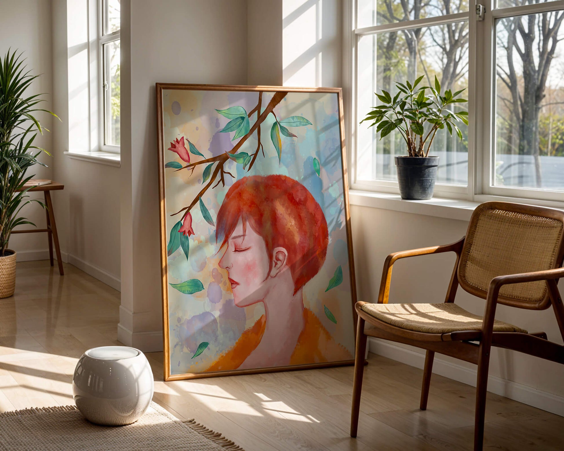 Illustrative artwork of a woman with red hair and floral branch