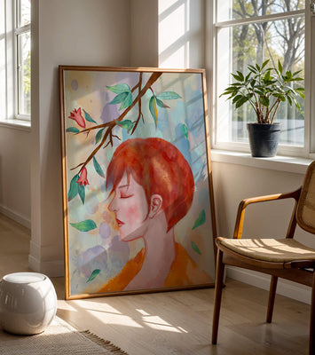 Illustrative artwork of a woman with red hair and floral branch