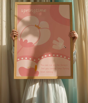 Springtime illustration with flowers and bird on pink background