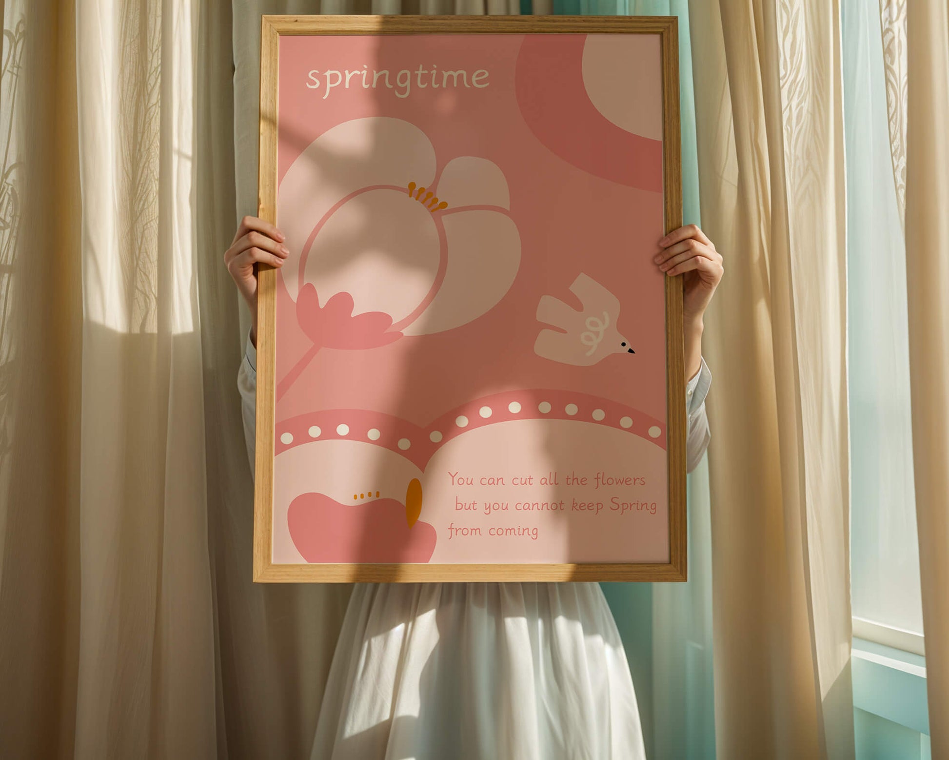 Springtime illustration with flowers and bird on pink background