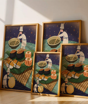 Ilustración juguetona de chefs preparando sushi en un paisaje imaginario