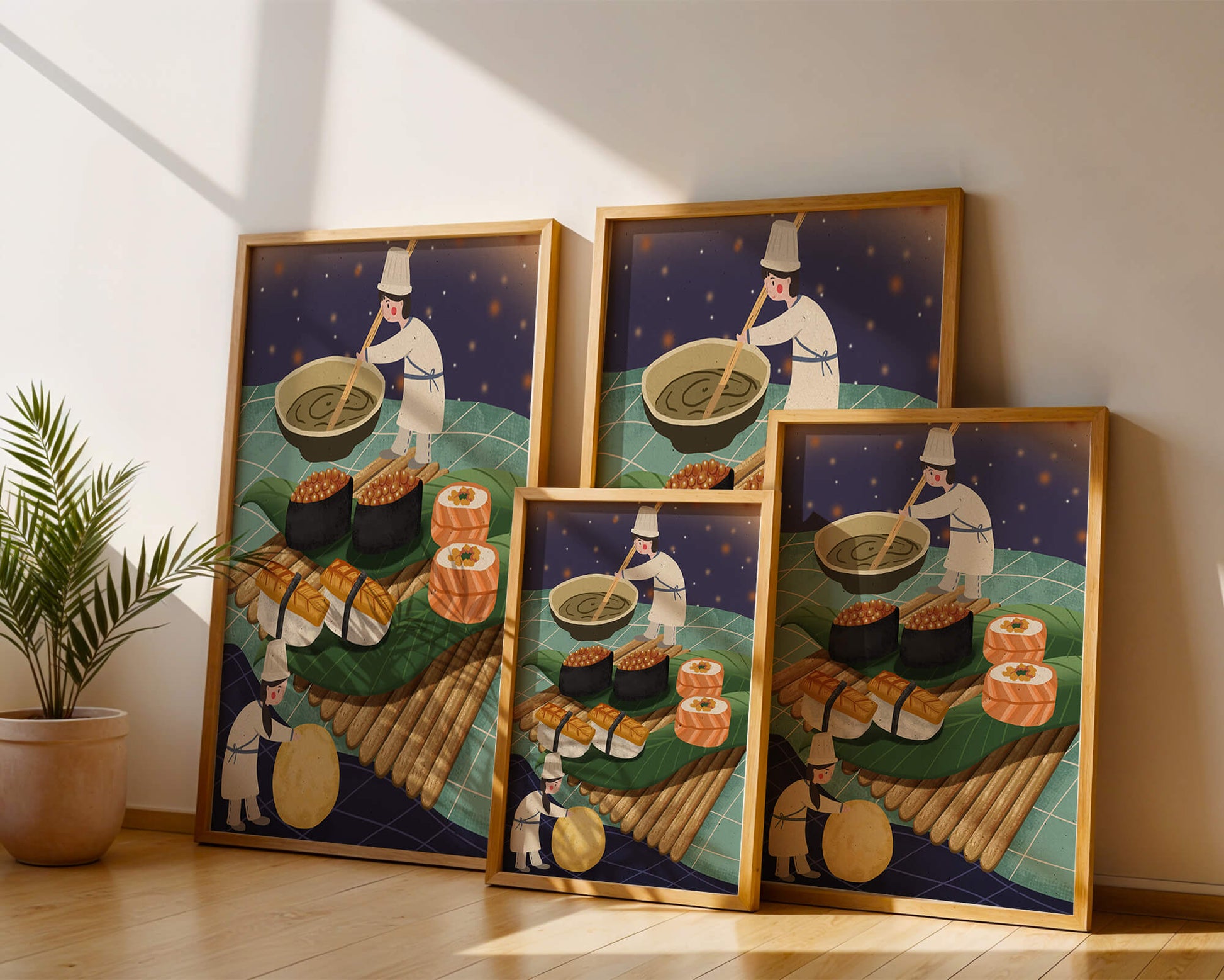 Ilustración juguetona de chefs preparando sushi en un paisaje imaginario