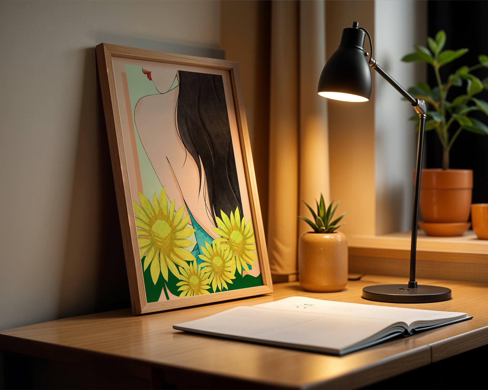 Ilustración de una mujer elegante con girasoles y cabello largo y oscuro